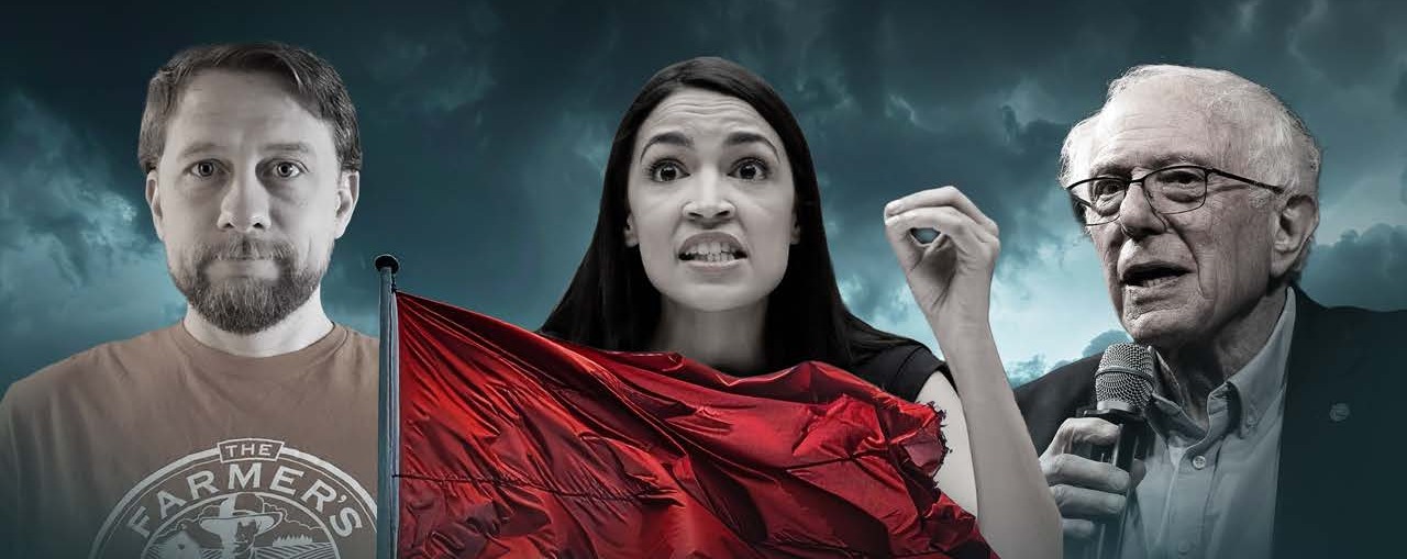 Justin Geiser beside a shouting woman in front of a red flag and Bernie Sanders, under storm clouds